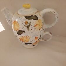 Nantucket Stackable Teapot For One Yellow Orange Flowers Green 6-in High Lid... picture