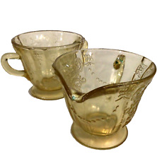 Federal Glass Madrid Sugar Bowl & Creamer Depression Glass Amber yellow Vintage picture