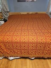 Vintage Retro Woven Bedspread Reddish Orange And Gold Tapestry Floral With... picture
