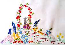 VINTAGE Hand Embroidered ROSE ARBOUR Tray Cloth GARDEN Table Topper COTTAGECORE picture