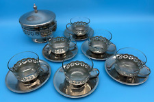 Vintage 21 pc Soviet USSR Russian Nickel & Glass Tea Cups Saucers & Sugar Bowl picture