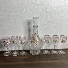 Vintage Bohemian Hand Painted Folk Etched Glass Floral Decanter 7 Pc Glasses picture