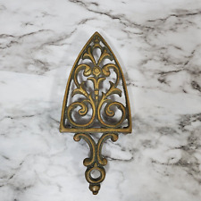 Vintage Iron Trivet  Brass Triangle Shape Ornate Scrollwork Footed Handled picture
