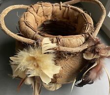 SW Native American Hand Woven Bark Basket Feathers 15” Wide-Base  8” Tall To Rim picture