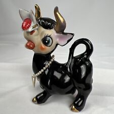 VTG Ucagco Ceramic Black Cow with A Butterfly Necklace Kitschy Self Sitter Colle picture