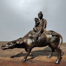 25cm China old copper bronze cowherd boy rides on cow to read and learn Statue picture