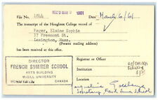 1961 Transcript of Houghton College Record of Elaine Mager Canada Postal Card picture