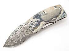 G. Sakai Seki Japan Ukimon Great Wave Damascus Money Clip Folding Pocket Knife picture