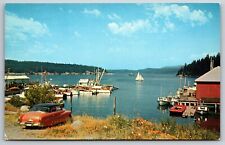 c 1960s Postcard Friday Harbor San Juan Islands WA Marina Boats Fishing Cars picture