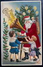 Silk SANTA CLAUS with~Children~Phonograph~Music ~Tree~Christmas Postcard~k279 picture