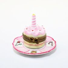Retired Limoges, France Porcelain Pink Birthday Cake with Candle Trinket Box picture