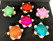 6 Vintage Chinese Round Pin Cushion 2” w/6 Children Holding Hands New picture
