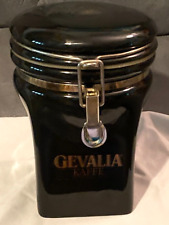 VTG GEVALIA KAFFE  CERAMIC COFFEE CANISTER  BLACK WITH BRASS TRIM-7.5