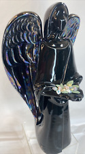 Beautiful Black Ceramic Angel with Iridescent Wings Holding Colorful Flowers picture