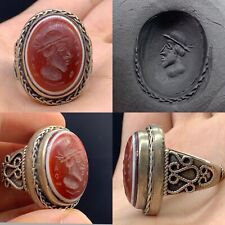 Stunning Rare Ancient Roman Agate King Intaglio Silver Ring Antique . picture