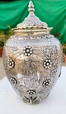 German silver antique Radha Krishnan with cow engraved kalasha with lid and legs picture