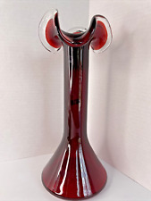 Vintage Art Glass Vase Ruby Red Clear Pulled Ruffled Rim Mid Century MCM 12