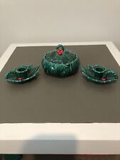 Vintage LEFTON Christmas Candy Dish, 2 Candle Holders Holly Berry picture