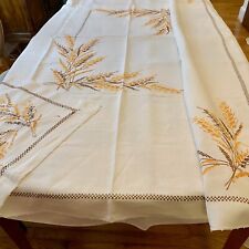 Vtg Cross Stitch Embroidered Wheat Linen Tablecloth Harvest Fall Cloth 75x60 picture