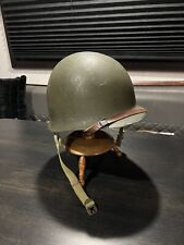 WWII WW2 M1 Front Seam Swivel Bail Helmet with Liner and Leather Chinstrap. picture