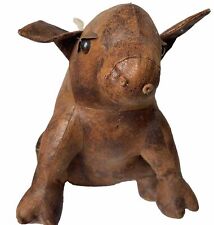 12” Sitting Pig Brown Leather Handmade Figurine Farmhouse Country Decor Folk Art picture