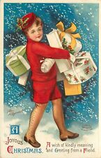 Embossed Christmas Postcard S/A Clapsaddle Child Carrying Gifts In Snow 1045 picture