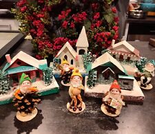 Vintage 40s-60s Lot Of 4 Putz Mica Christmas Houses and 5 Pinecone Elves JAPAN  picture