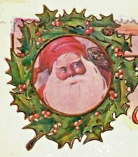 C.1907 Hand Colored Santa Claus. Christmas Wreath. Holly. Embossed Postcard picture