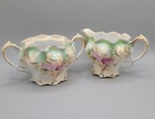 Antique RS Prussia Porcelain Creamer & Sugar Bowl Set Green Ombre Floral 2 Pcs picture