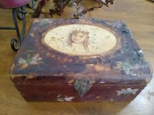 WOW Antique Handmade Painted & Decoupage Treasure Box 1920s Brass And Leather  picture