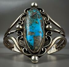 HUGE Vintage Navajo Sterling Silver Kingman Turquoise Cuff Bracelet picture