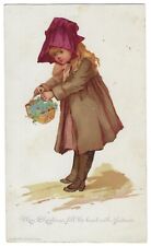 Antique Victorian Louis Prang's Christmas Card - 1886- Girl w Basket of Flowers picture