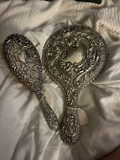 VINTAGE 2 PIECE VANITY MIRROR AND BRUSH SET HEAVY Silver Chester 1909 picture