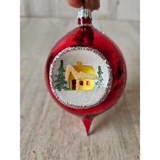 Radko country scene red indent reflector teardrop ornament vintage Xmas tree picture