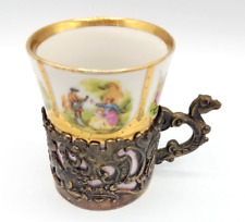 Antique Pink Porcelain Demitasse Tea or Coffee Cup Ornate w/Brass Holder picture