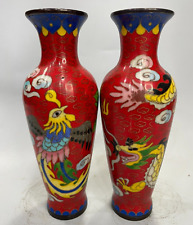 20cm fengshui noble copper Cloisonne enamel dragon phoenix bottle pair red vase picture