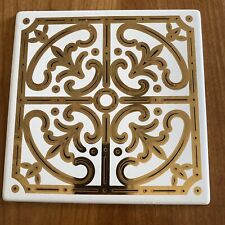 MID-CENTURY GEORGES BRIARD GOLD AND WHITE FANCY ENAMEL METAL TILE TRIVET/COASTER picture