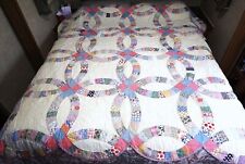Vintage Entire Hand Stitched Quilt DOUBLE WEDDING RING Pattern Feedsack 74