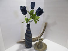 Vtg Artisan Clay Bedside Candle Stick Holder & Denim Seams Vase w 4 Denim Roses picture