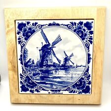 Vintage DELFT Holland 8” Trivet, Blue & White Tile (6”) Set In Wood, Windmills picture