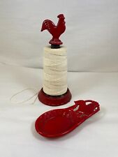 RED ROOSTER CAST IRON TWINE ROPE DISPENSER W/ CUTTING BLADE & SPOON REST, USED picture