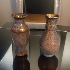Pair Handmade Pottery Vase Brown Gold Iridescent Patina Glaze 6 1/2” picture