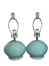 Scalloped Shell Table Lamp Aqua No Shade Vintage Set of 2 Postmodern Working picture