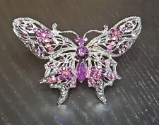 Vintage Unsigned Rhinestone Crystal Purple Silver Tone Butterfly Brooch Pin 3in picture