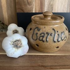 Vintage Garlic Keeper Crock with Lid Brown Tan Black Glazed Stoneware Ceramic picture