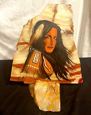 Beautiful Painting Of A Native American Woman On Marble Slab w/Base Signed picture