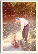 Older Man Chopping Splitting Wood w/ Axe Fall Time Photo Picture Leaves Vintsge picture