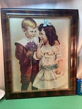 Vtg 20-30’s Tiger Stripe Frame YOUNG LOVE Boy FLOWERS Girl Cottage Chic Print picture