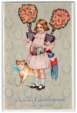 c1910's Best Wishes Germany Girl Holding Roses Flowers In Pot Cat Postcard picture