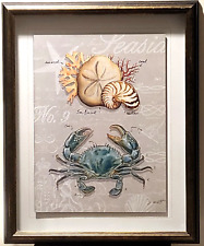 Coastal Nautical Tropical Beach Raised Framed Print Blue Crab & Sea Shells picture